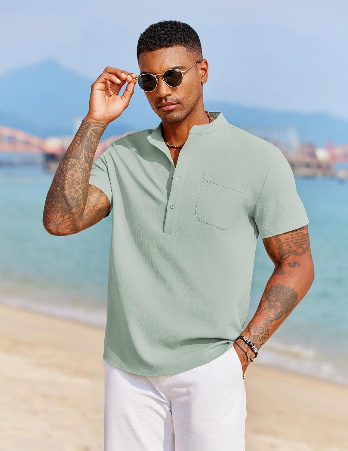 imageCOOFANDY Mens Casual Henley Shirt Short Sleeve Summer Beach Band Collar Shirt Hippie Henley TShirts with PocketLight Green