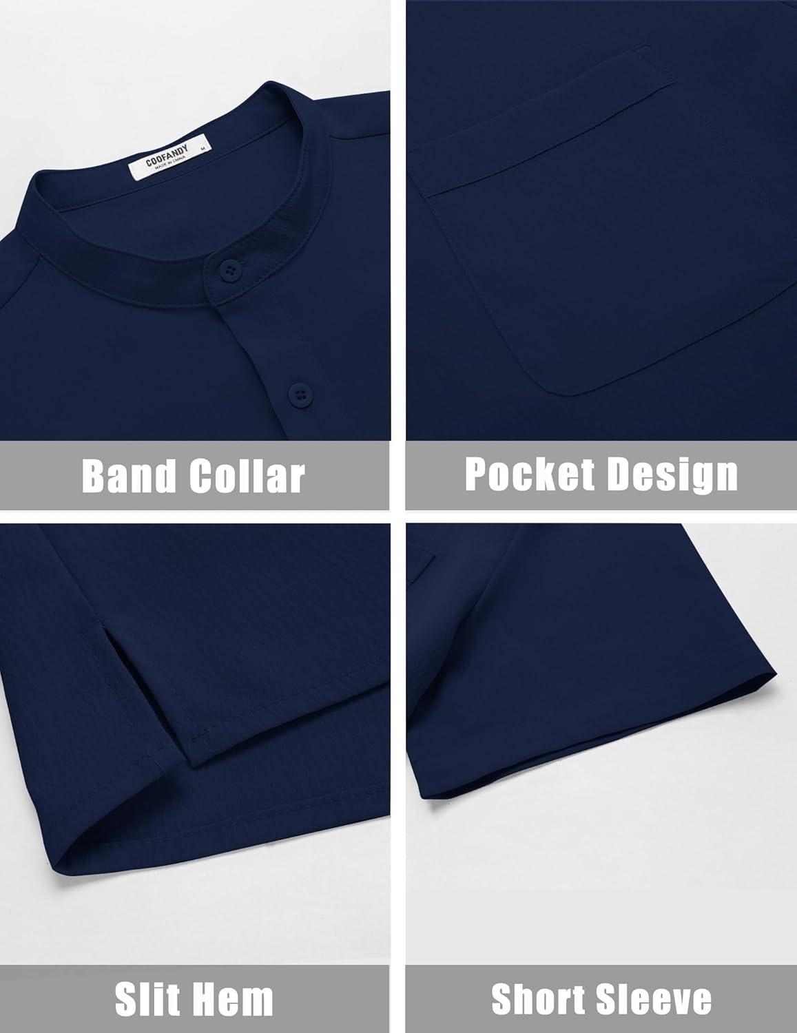 imageCOOFANDY Mens Casual Henley Shirt Short Sleeve Summer Beach Band Collar Shirt Hippie Henley TShirts with PocketNavy Blue