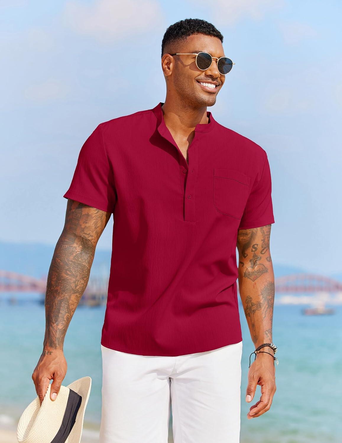 imageCOOFANDY Mens Casual Henley Shirt Short Sleeve Summer Beach Band Collar Shirt Hippie Henley TShirts with PocketRed