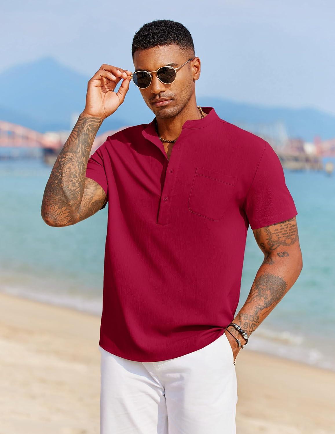 imageCOOFANDY Mens Casual Henley Shirt Short Sleeve Summer Beach Band Collar Shirt Hippie Henley TShirts with PocketRed