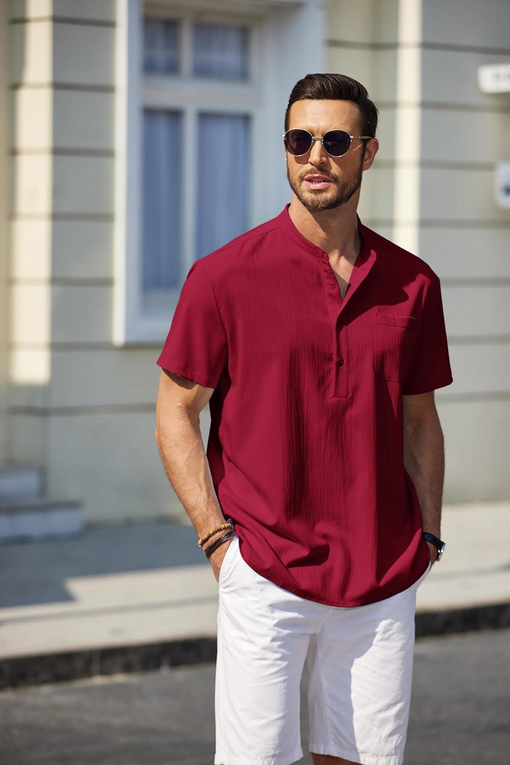 imageCOOFANDY Mens Casual Henley Shirt Short Sleeve Summer Beach Band Collar Shirt Hippie Henley TShirts with PocketRed