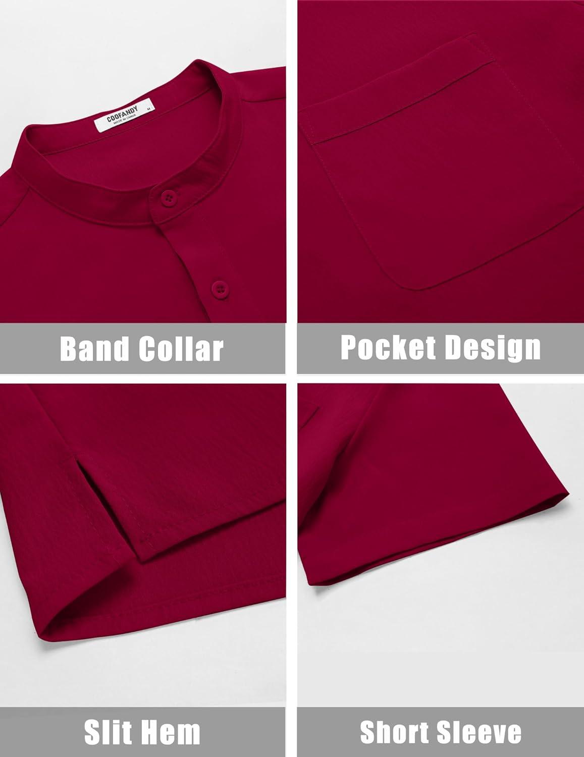 imageCOOFANDY Mens Casual Henley Shirt Short Sleeve Summer Beach Band Collar Shirt Hippie Henley TShirts with PocketRed