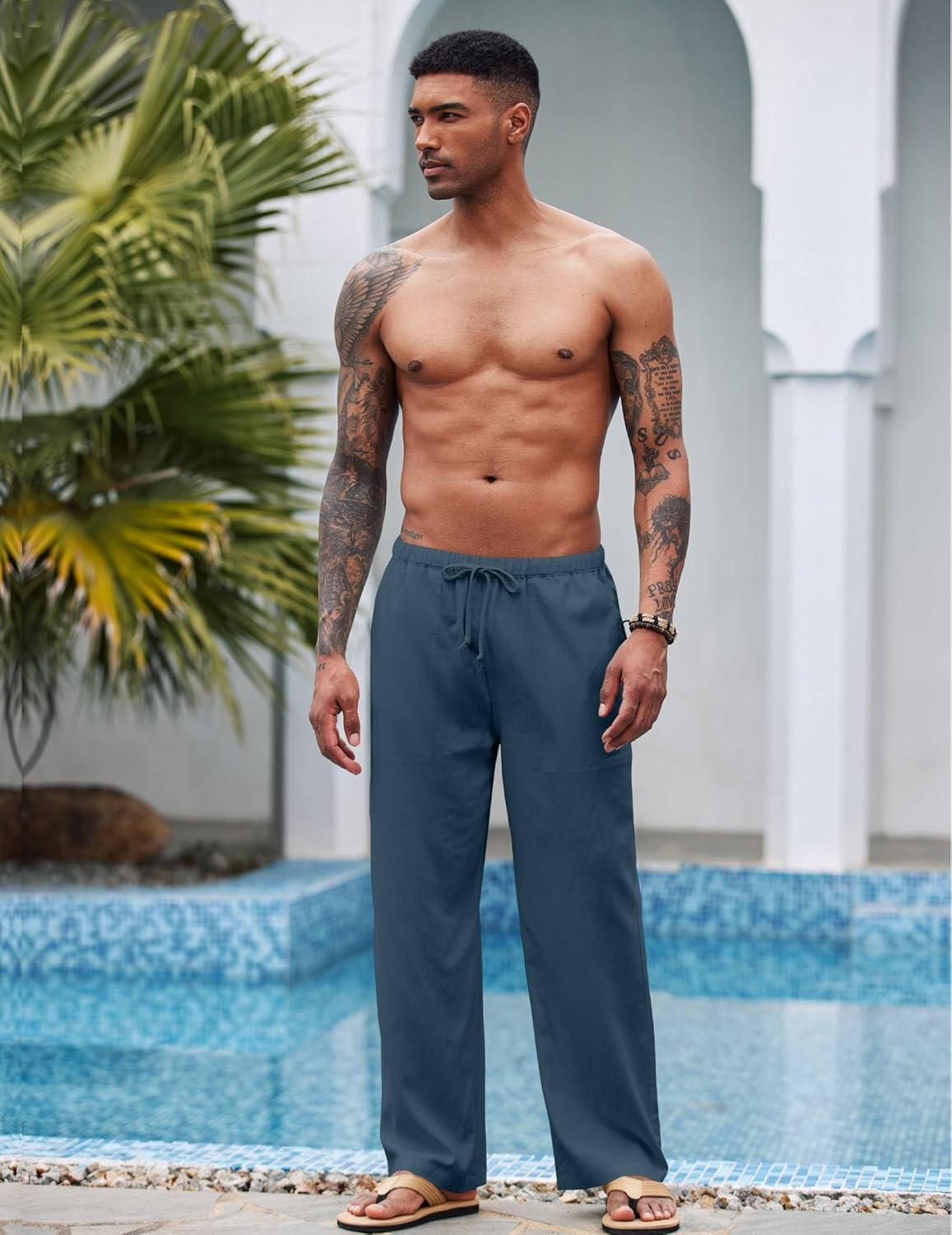 imageCOOFANDY Mens Casual Linen Pants Elastic Waist Linen Pants Drawstring Summer Beach Yoga Linen TrouserA Deep Blue