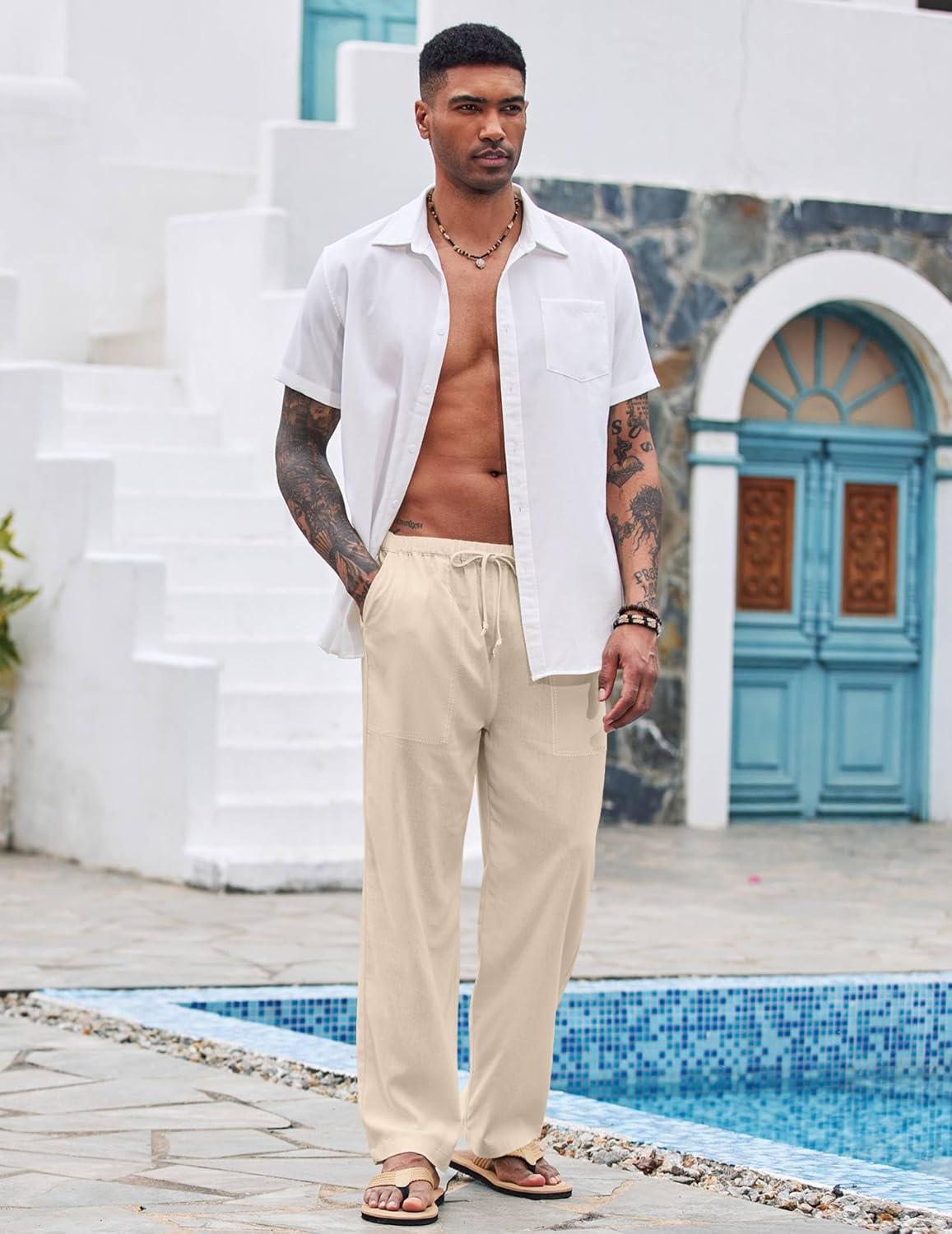 imageCOOFANDY Mens Casual Linen Pants Elastic Waist Linen Pants Drawstring Summer Beach Yoga Linen TrouserA Medium Khaki