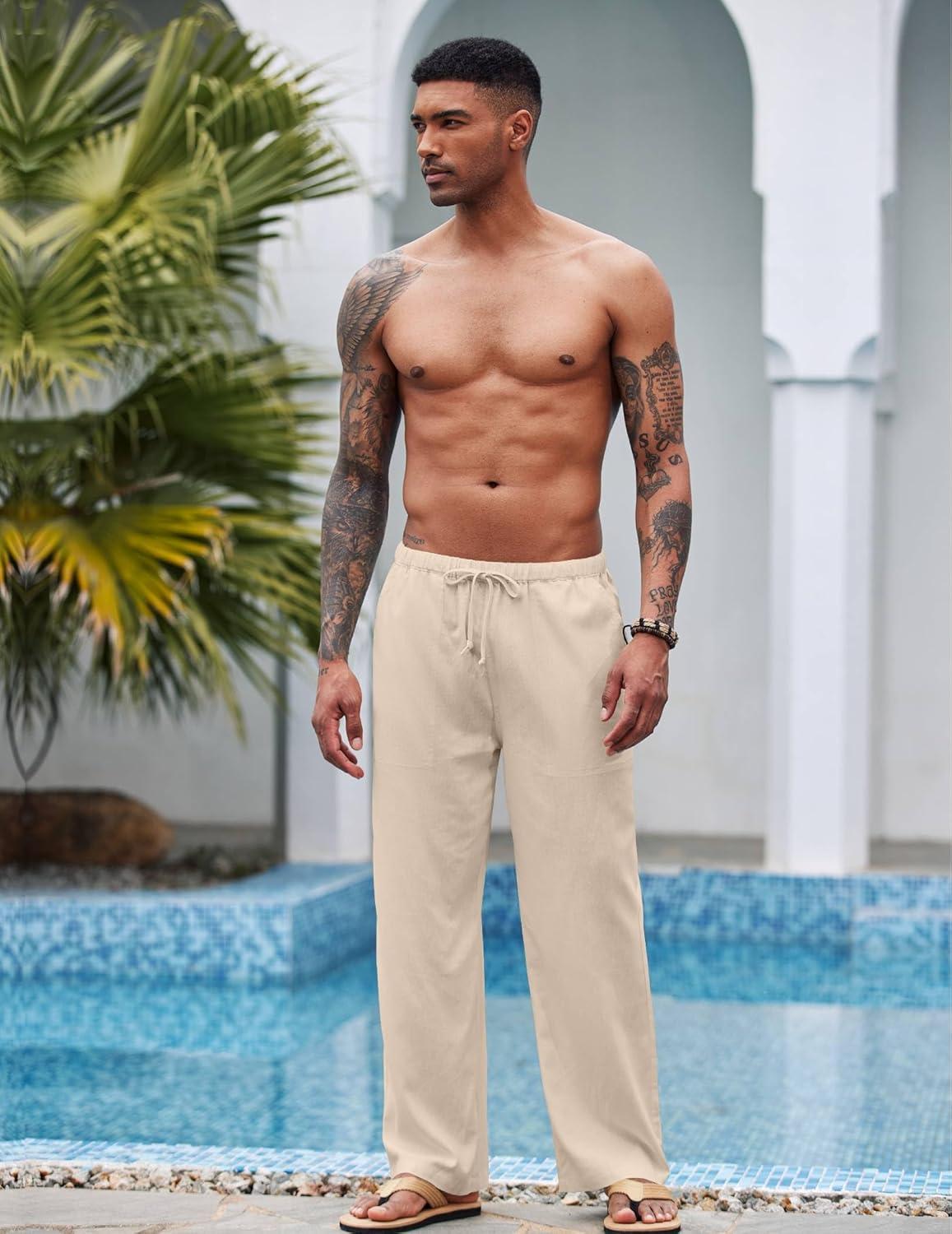 imageCOOFANDY Mens Casual Linen Pants Elastic Waist Linen Pants Drawstring Summer Beach Yoga Linen TrouserA Medium Khaki
