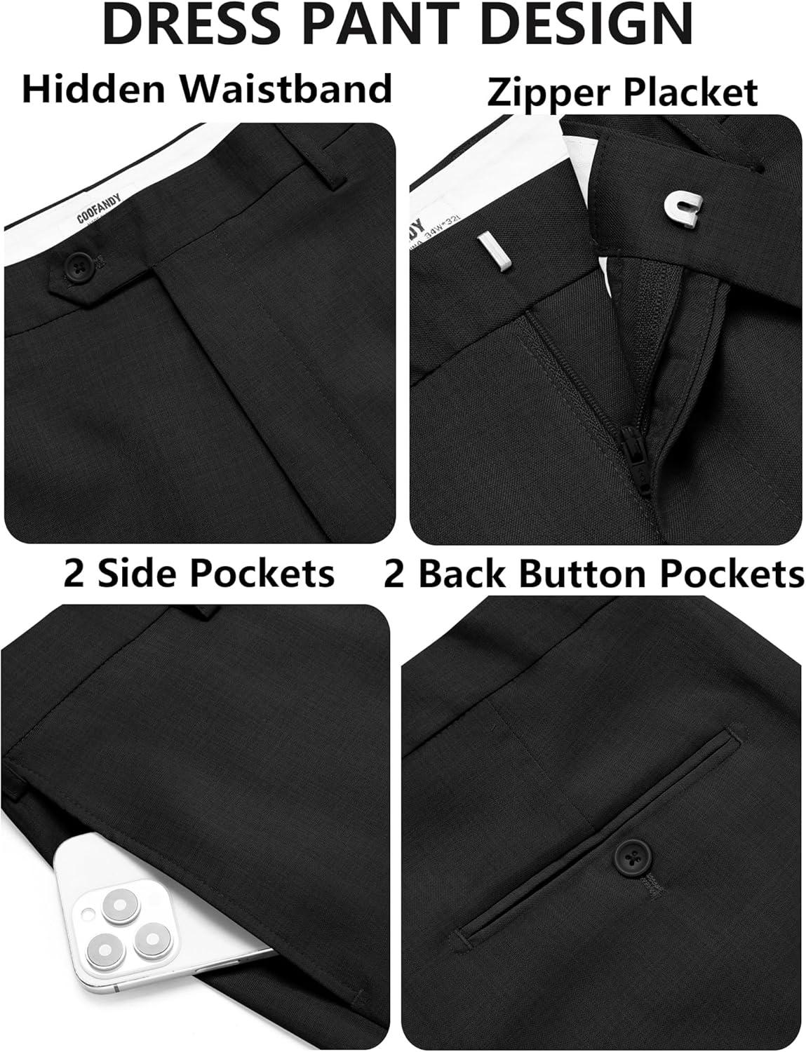 imageCOOFANDY Mens Classic Fit Dress Pants Flat Front Straight Casual Pant Expandable Waist Suit PantBlack