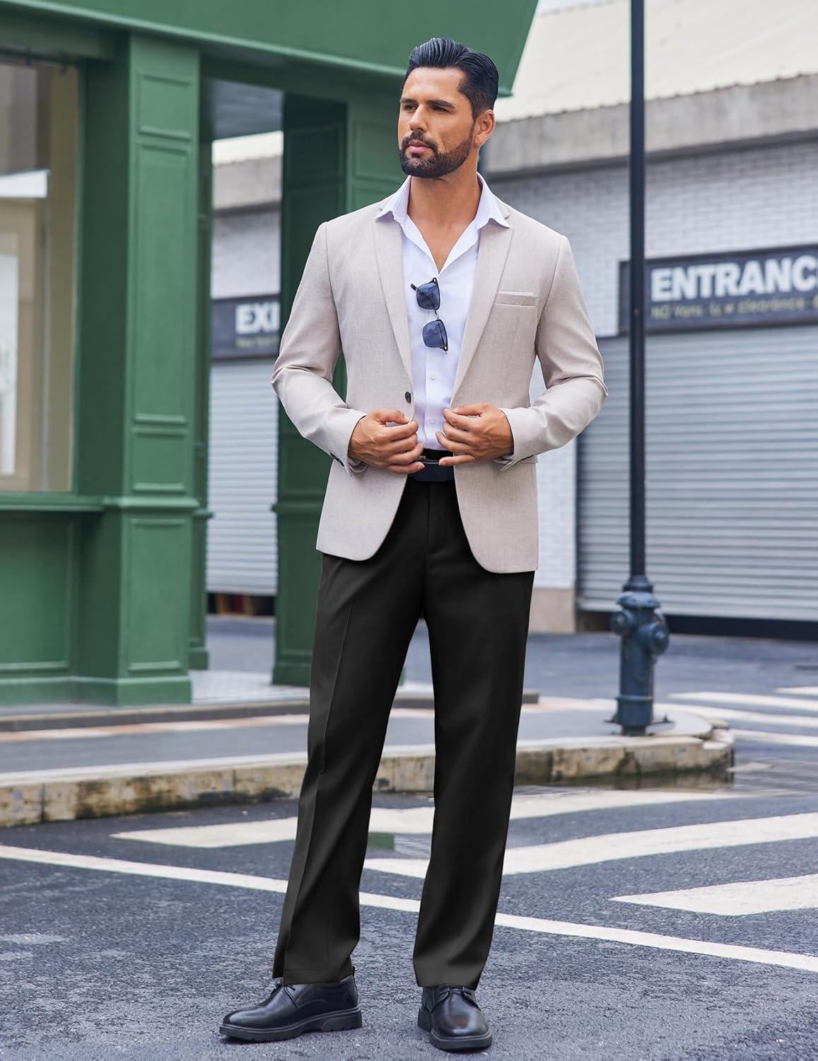 imageCOOFANDY Mens Classic Fit Dress Pants Flat Front Straight Casual Pant Expandable Waist Suit PantBlack