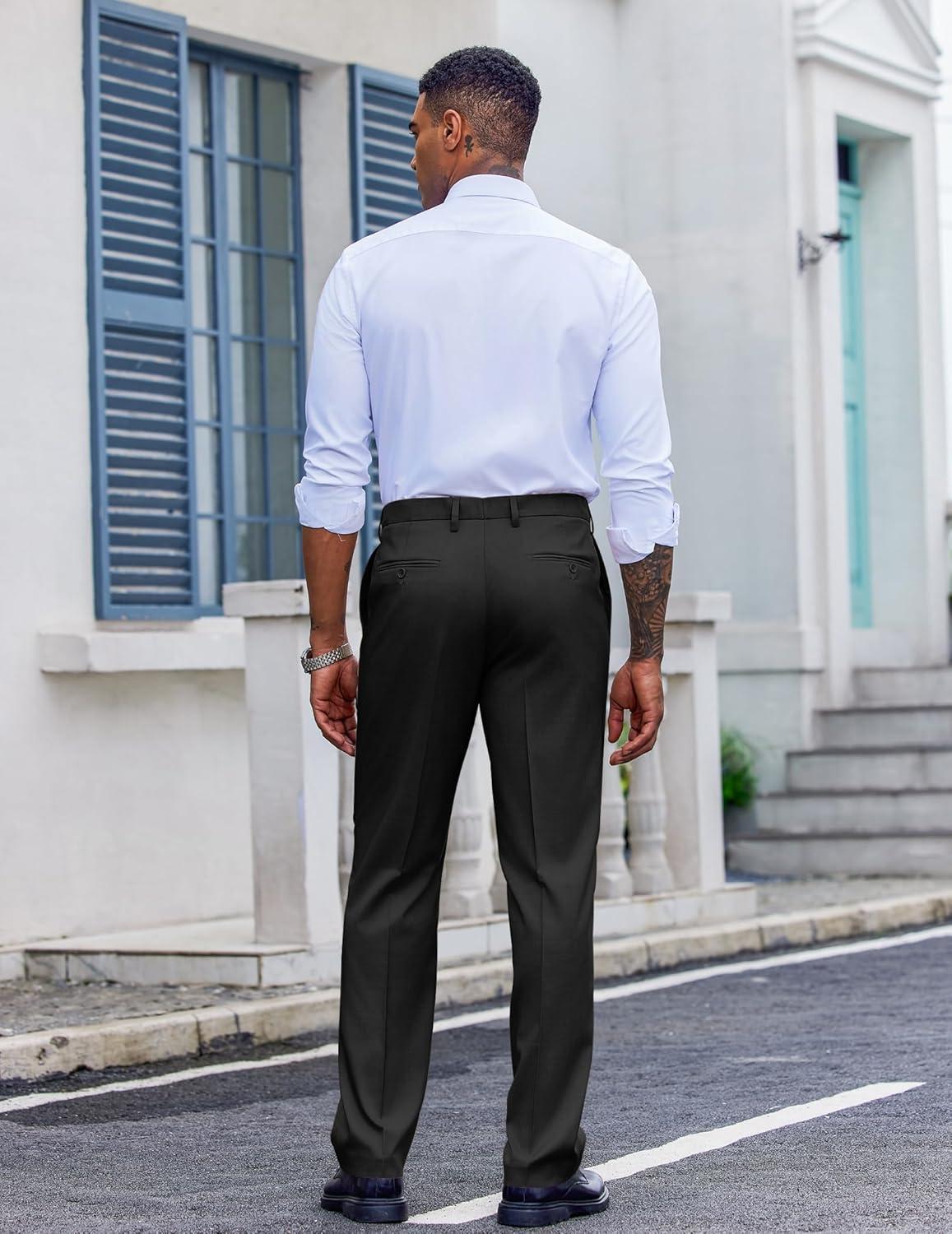 imageCOOFANDY Mens Classic Fit Dress Pants Flat Front Straight Casual Pant Expandable Waist Suit PantBlack