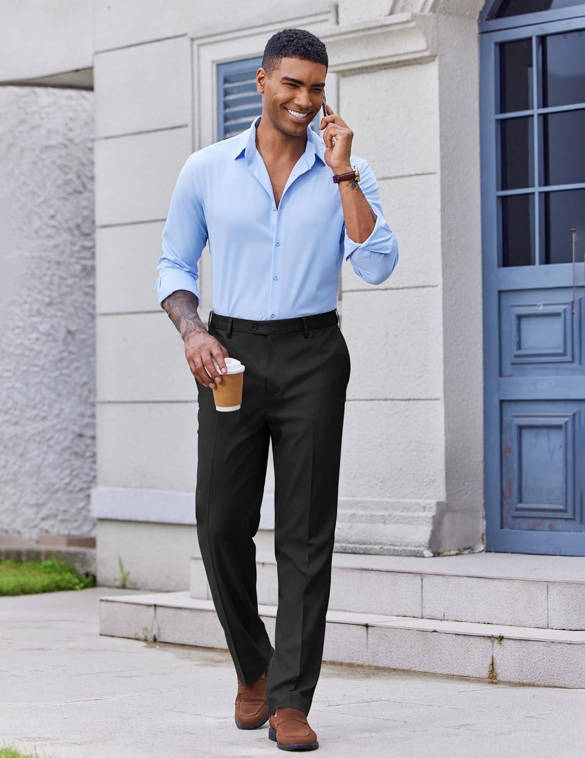 imageCOOFANDY Mens Classic Fit Dress Pants Flat Front Straight Casual Pant Expandable Waist Suit PantBlack