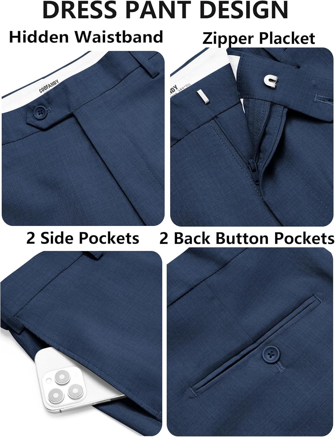 imageCOOFANDY Mens Classic Fit Dress Pants Flat Front Straight Casual Pant Expandable Waist Suit PantBlue