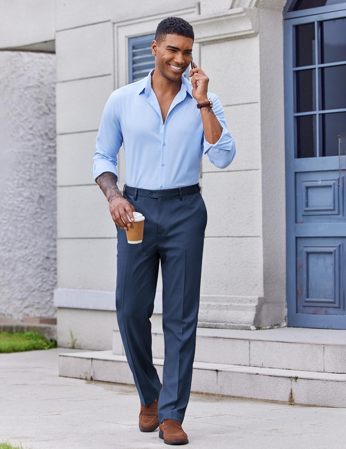 imageCOOFANDY Mens Classic Fit Dress Pants Flat Front Straight Casual Pant Expandable Waist Suit PantBlue