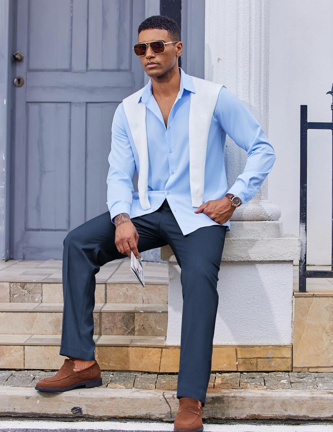 imageCOOFANDY Mens Classic Fit Dress Pants Flat Front Straight Casual Pant Expandable Waist Suit PantBlue
