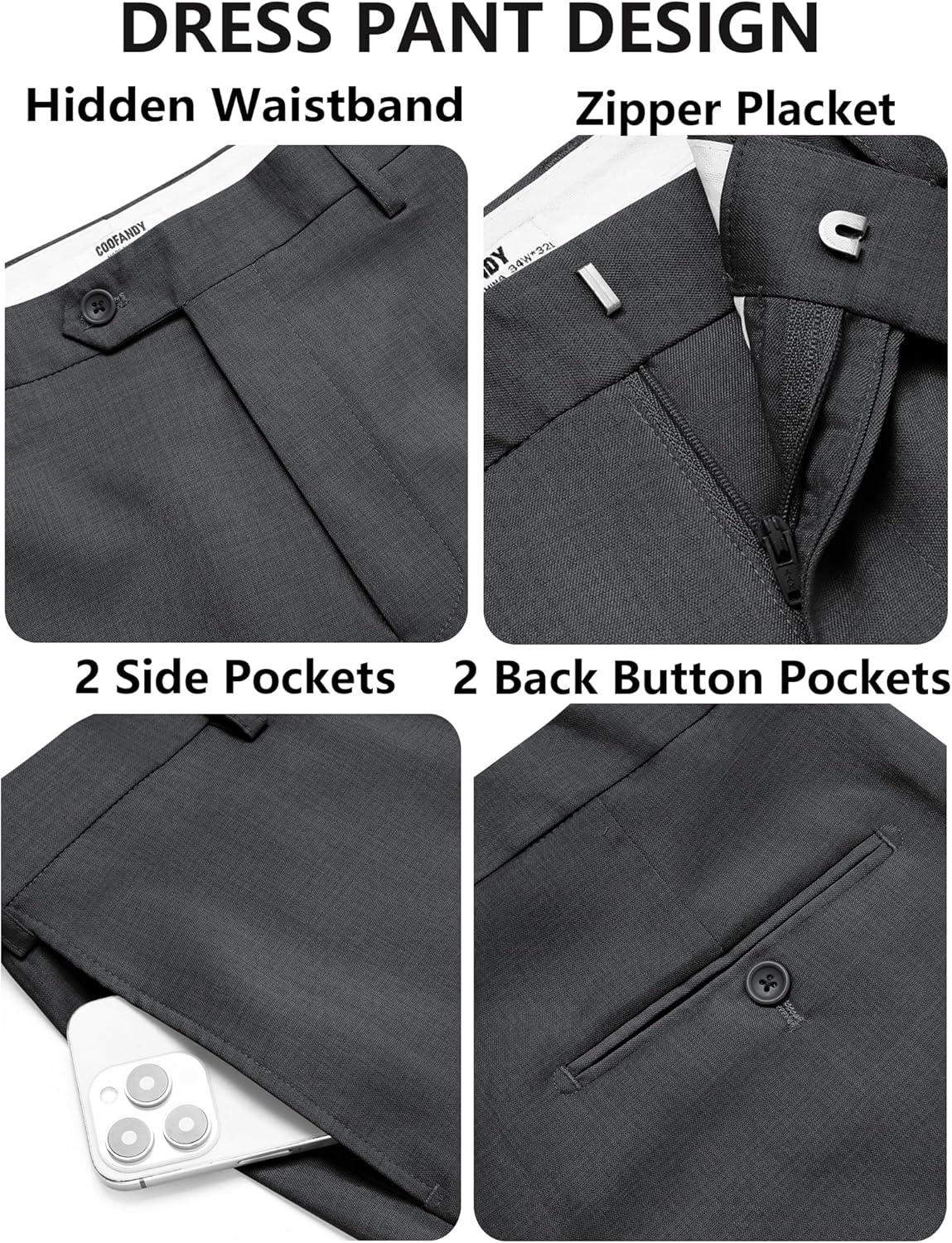 imageCOOFANDY Mens Classic Fit Dress Pants Flat Front Straight Casual Pant Expandable Waist Suit PantDark Gery
