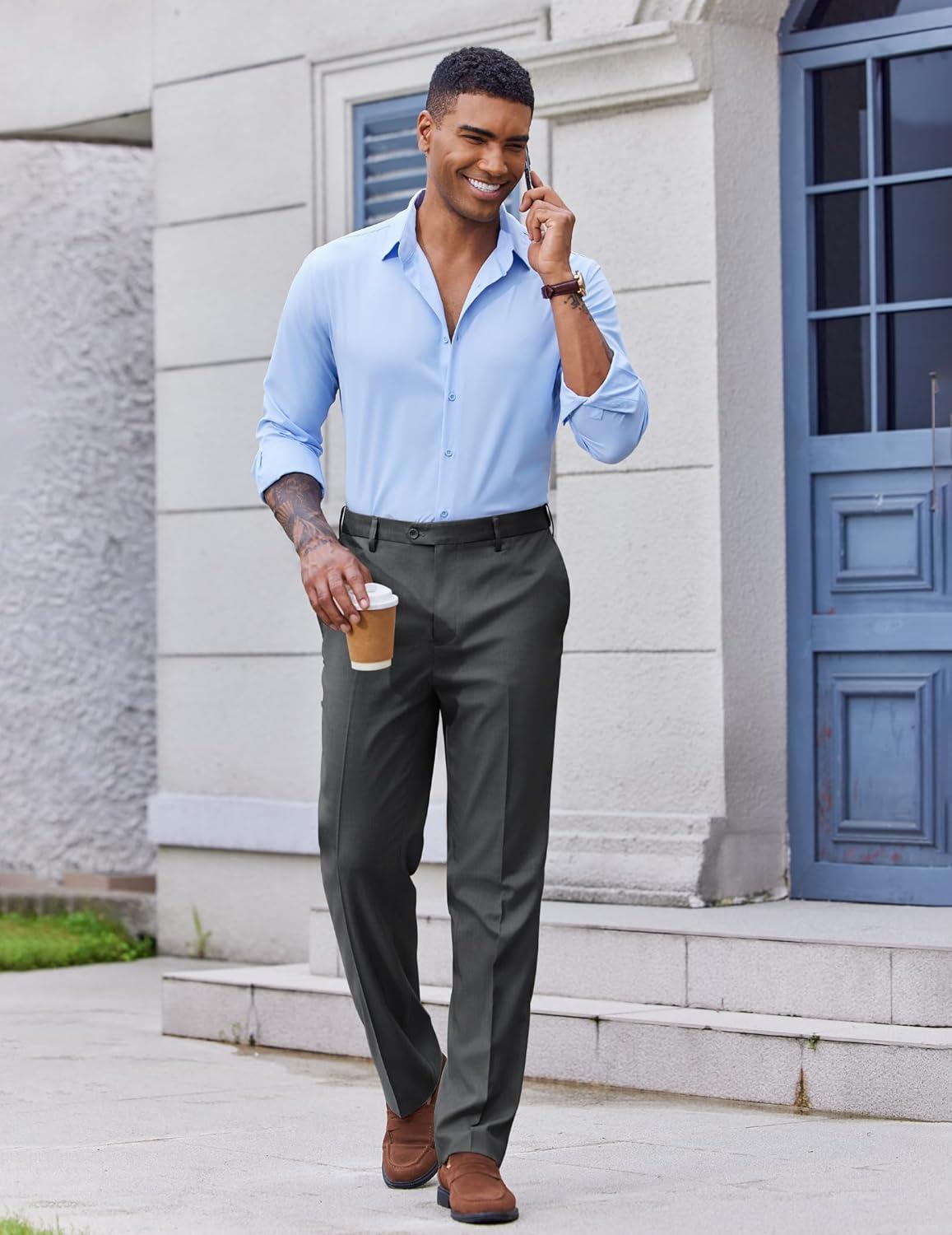 imageCOOFANDY Mens Classic Fit Dress Pants Flat Front Straight Casual Pant Expandable Waist Suit PantDark Gery