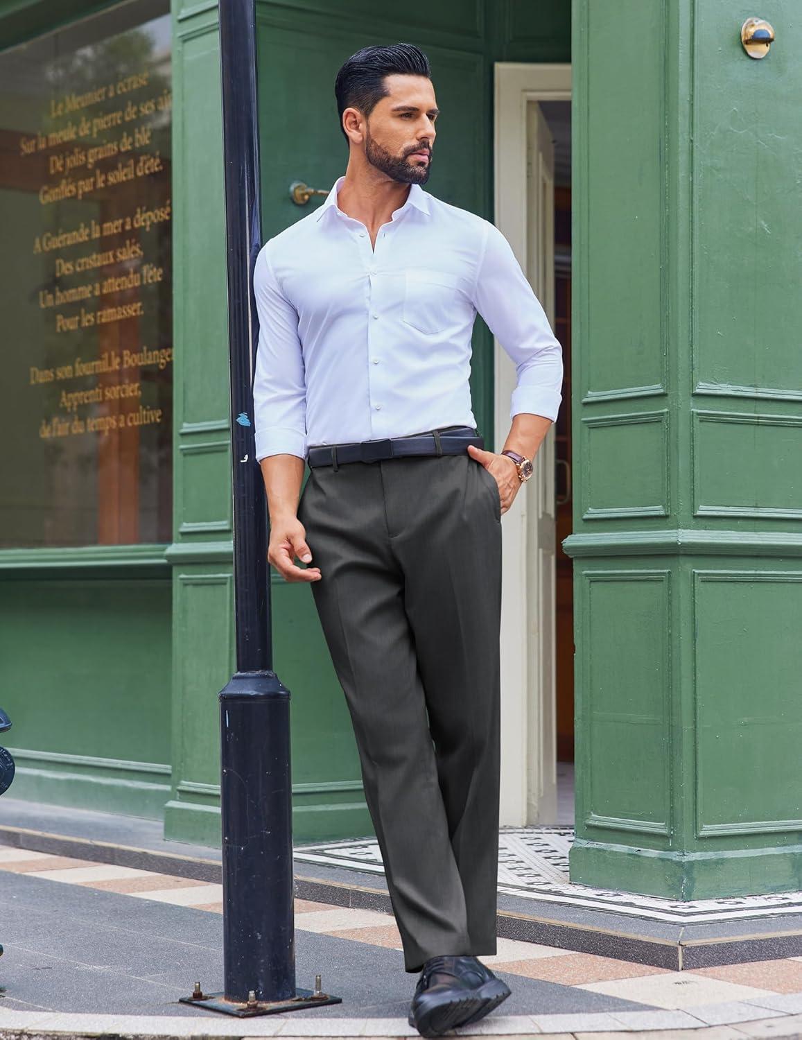 imageCOOFANDY Mens Classic Fit Dress Pants Flat Front Straight Casual Pant Expandable Waist Suit PantDark Gery