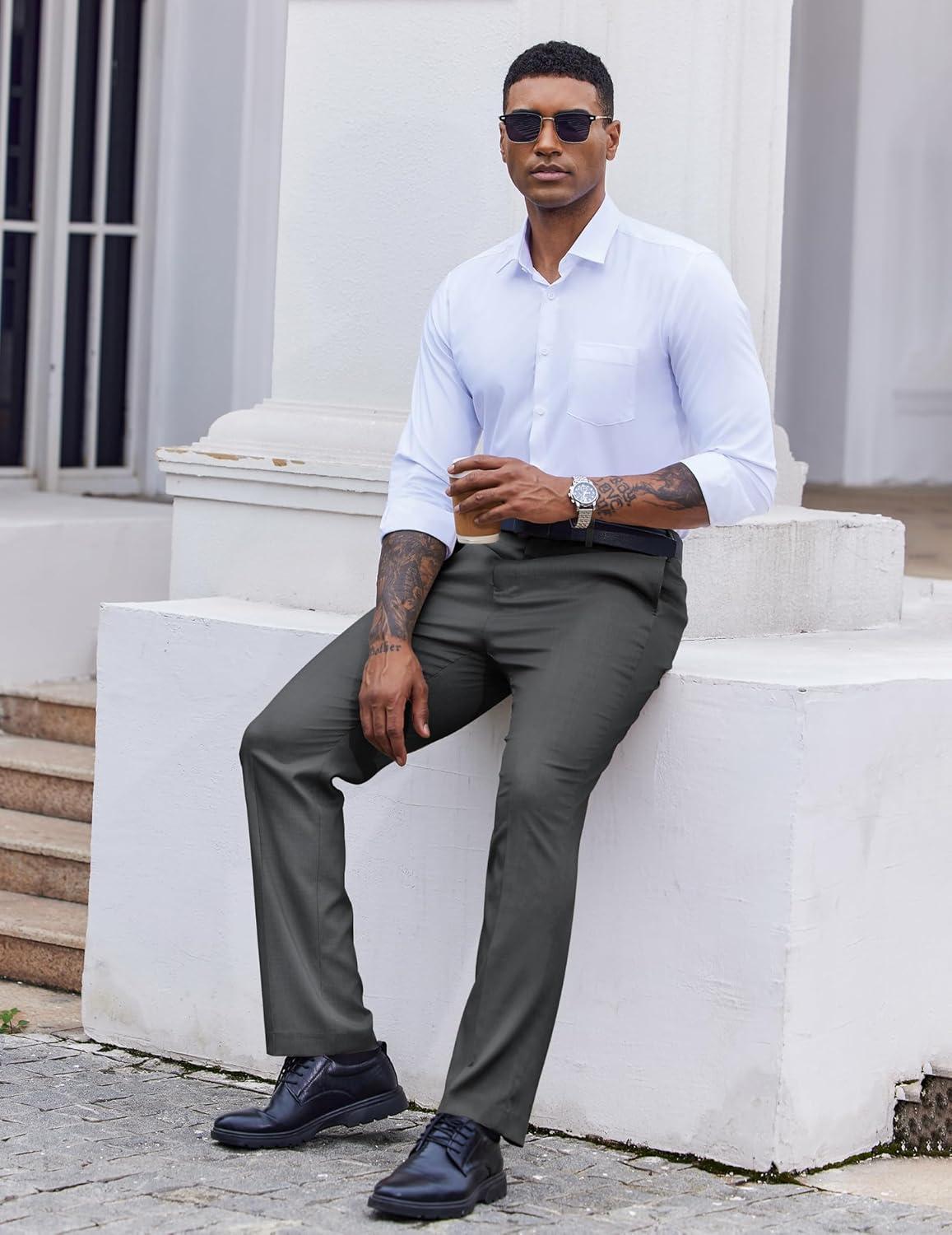 imageCOOFANDY Mens Classic Fit Dress Pants Flat Front Straight Casual Pant Expandable Waist Suit PantDark Gery