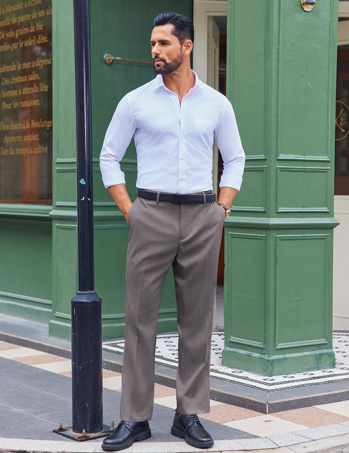 imageCOOFANDY Mens Classic Fit Dress Pants Flat Front Straight Casual Pant Expandable Waist Suit PantGrey