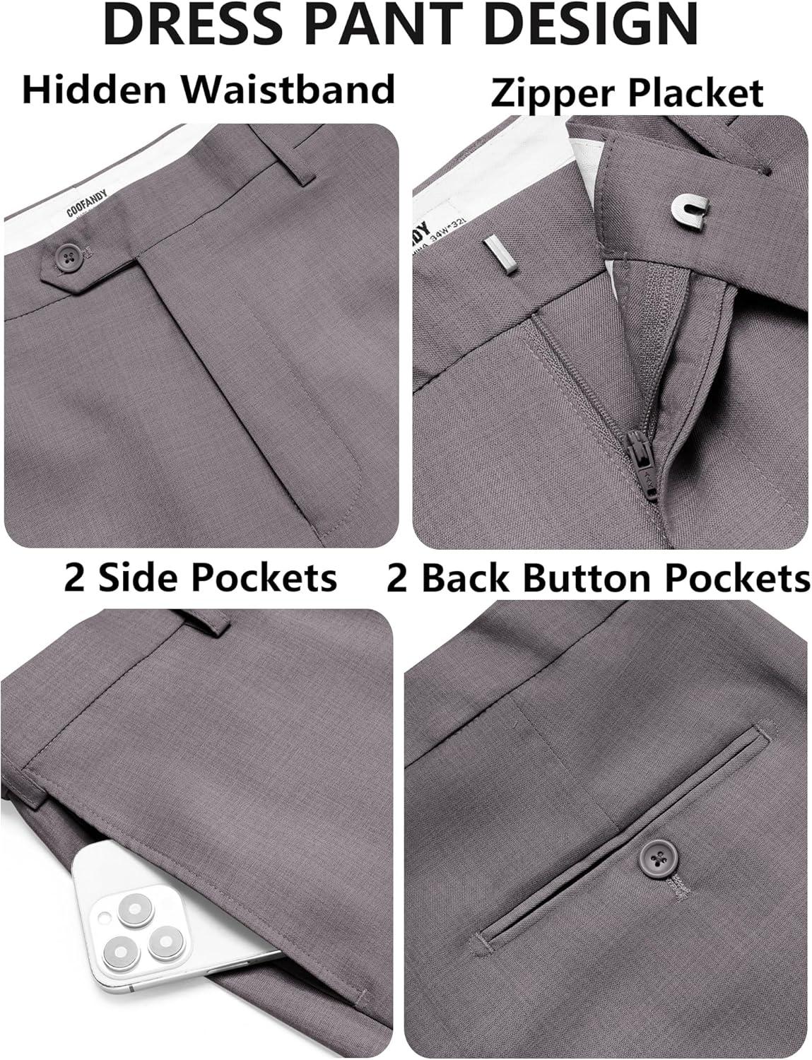 imageCOOFANDY Mens Classic Fit Dress Pants Flat Front Straight Casual Pant Expandable Waist Suit PantGrey