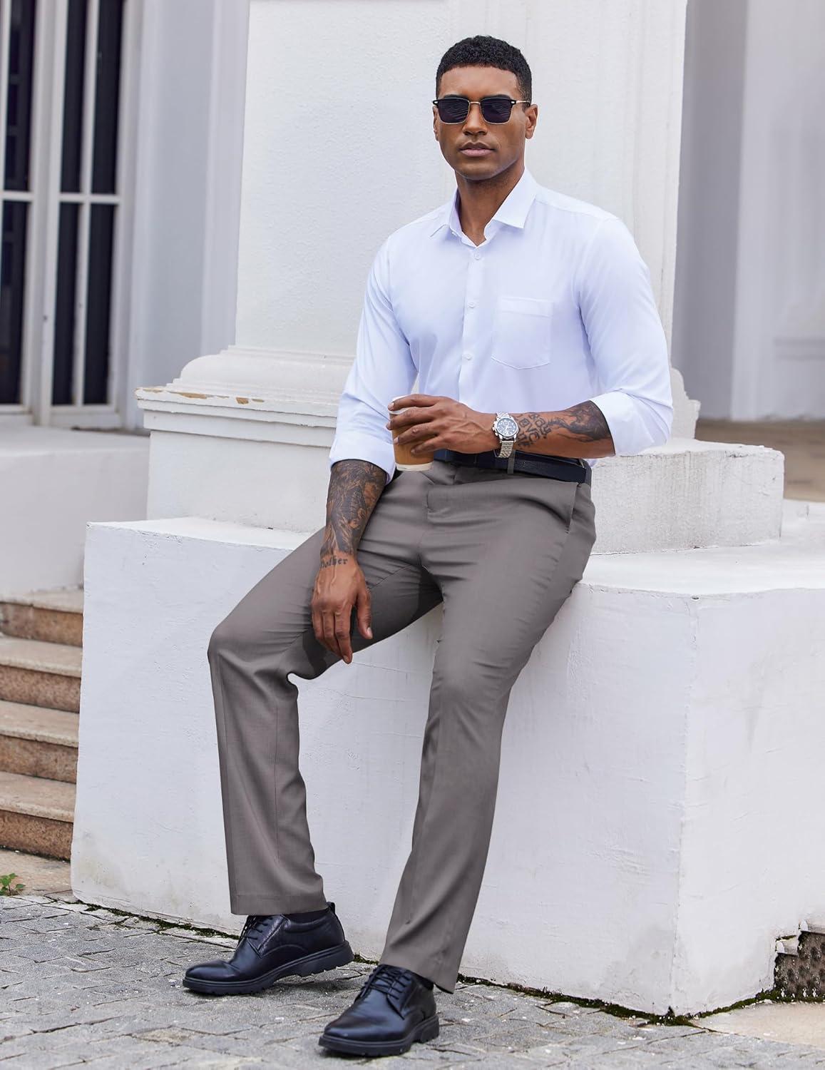 imageCOOFANDY Mens Classic Fit Dress Pants Flat Front Straight Casual Pant Expandable Waist Suit PantGrey