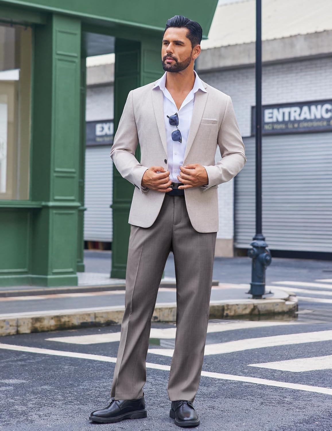 imageCOOFANDY Mens Classic Fit Dress Pants Flat Front Straight Casual Pant Expandable Waist Suit PantGrey
