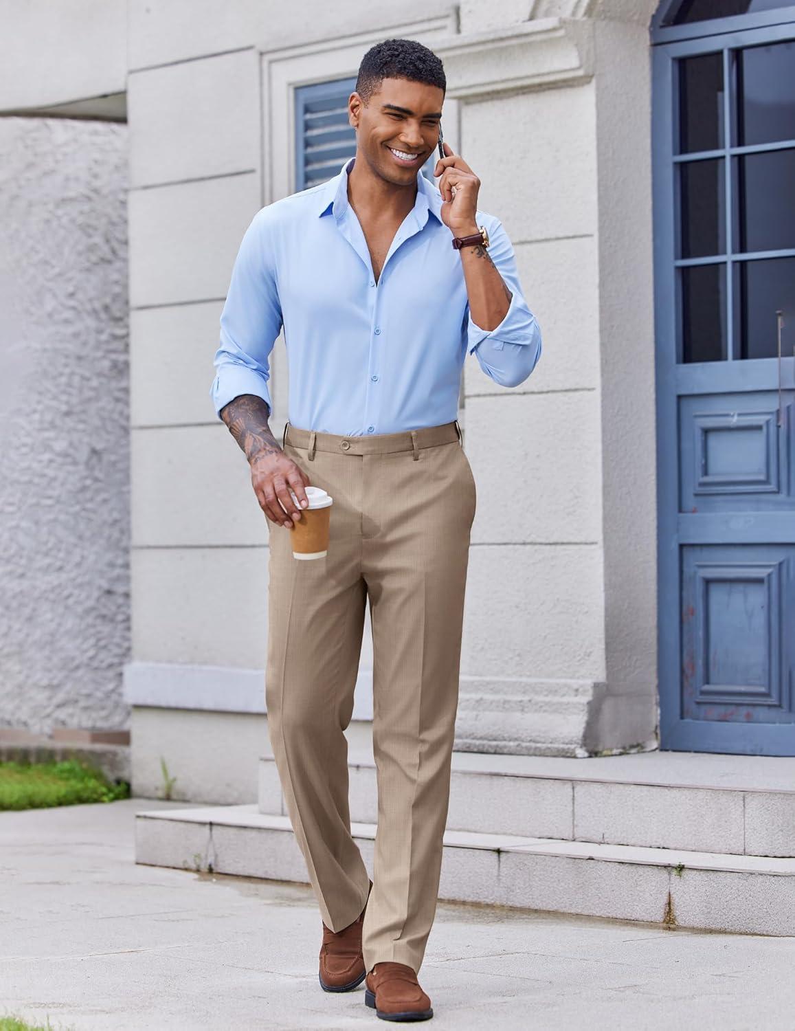 imageCOOFANDY Mens Classic Fit Dress Pants Flat Front Straight Casual Pant Expandable Waist Suit PantKhaki