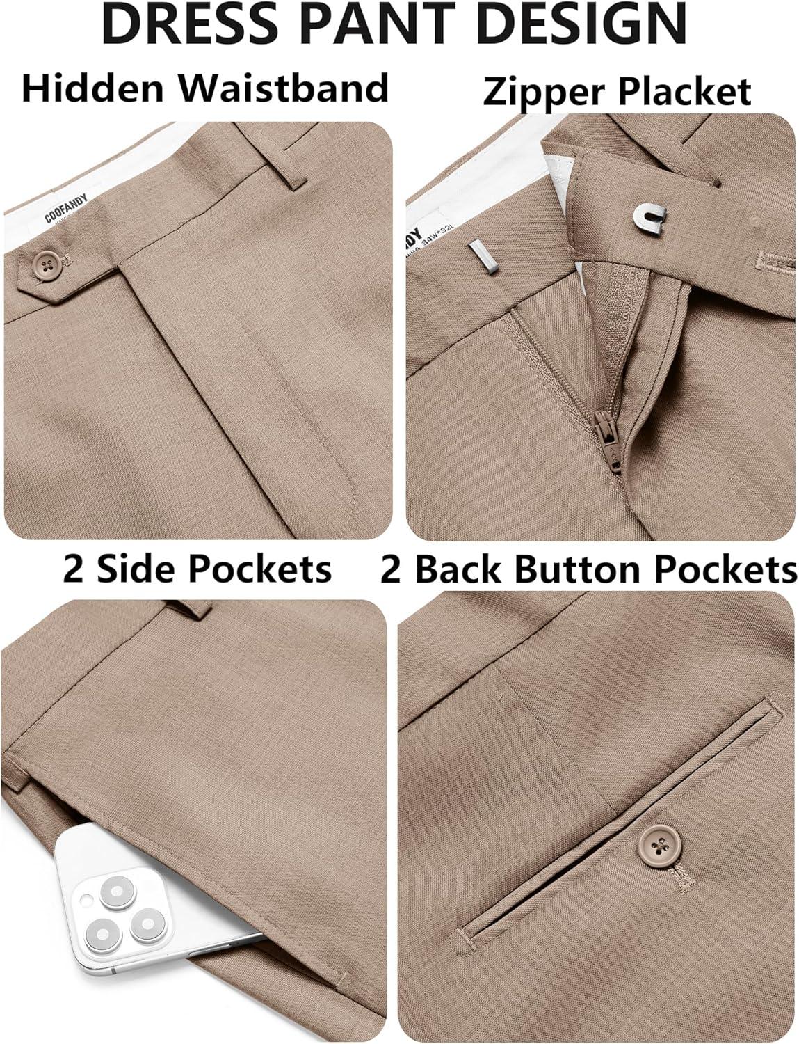 imageCOOFANDY Mens Classic Fit Dress Pants Flat Front Straight Casual Pant Expandable Waist Suit PantKhaki