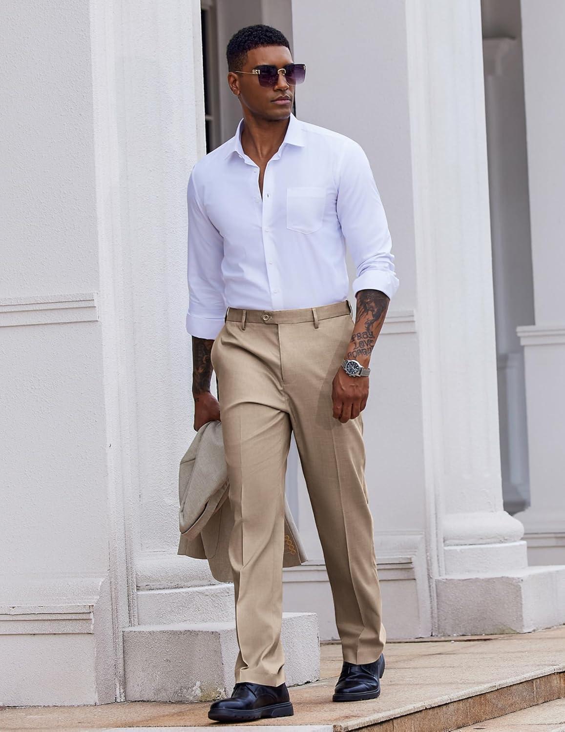 imageCOOFANDY Mens Classic Fit Dress Pants Flat Front Straight Casual Pant Expandable Waist Suit PantKhaki