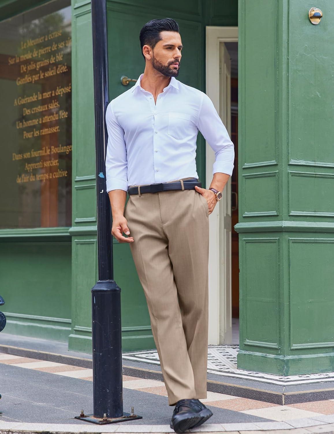 imageCOOFANDY Mens Classic Fit Dress Pants Flat Front Straight Casual Pant Expandable Waist Suit PantKhaki