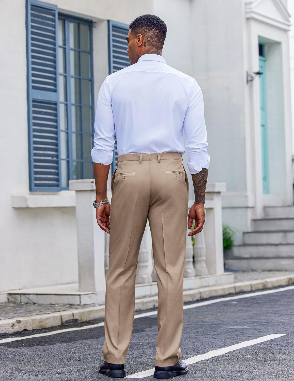 imageCOOFANDY Mens Classic Fit Dress Pants Flat Front Straight Casual Pant Expandable Waist Suit PantKhaki