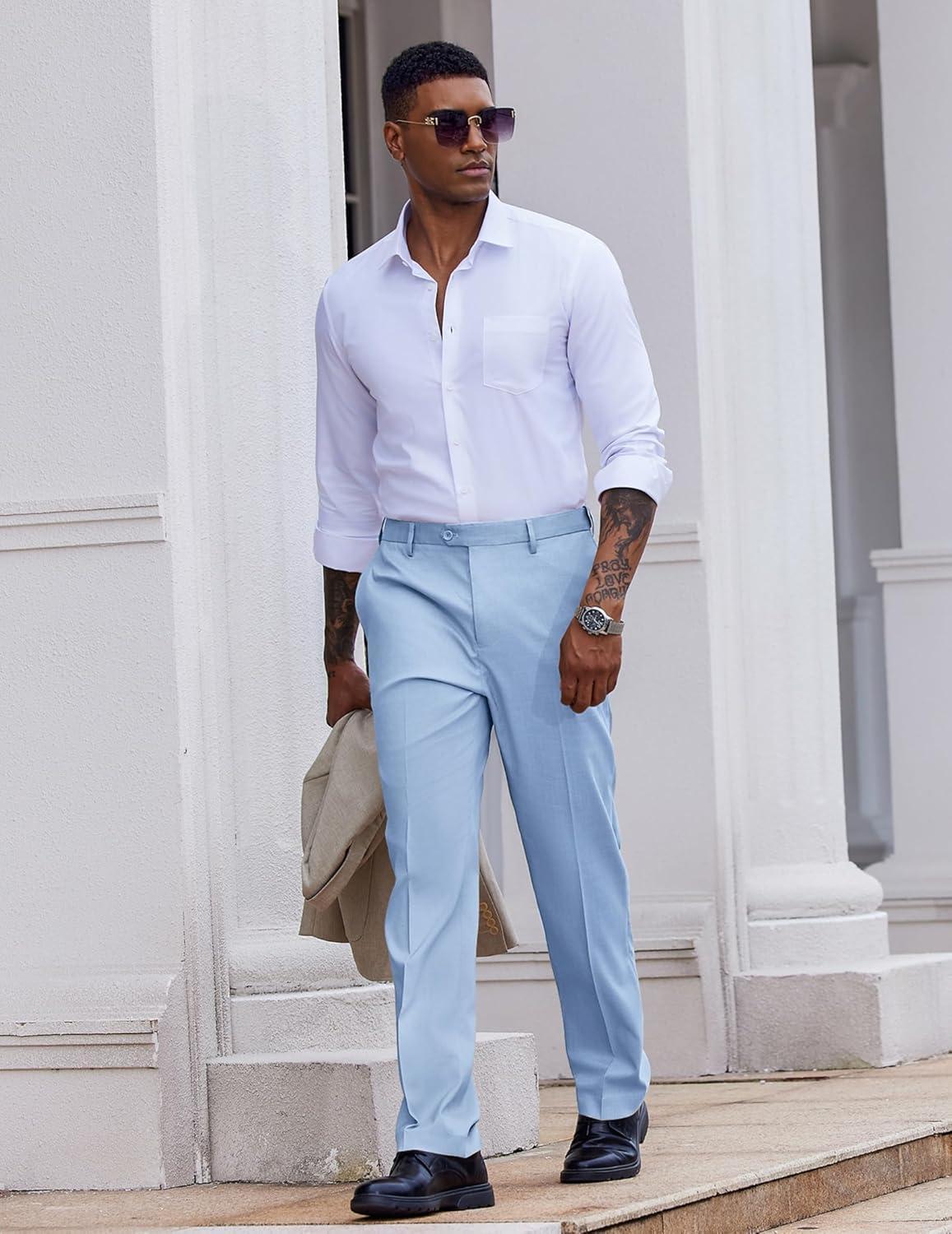 imageCOOFANDY Mens Classic Fit Dress Pants Flat Front Straight Casual Pant Expandable Waist Suit PantLight Blue