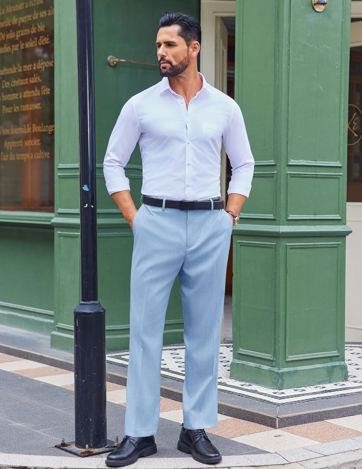 imageCOOFANDY Mens Classic Fit Dress Pants Flat Front Straight Casual Pant Expandable Waist Suit PantLight Blue