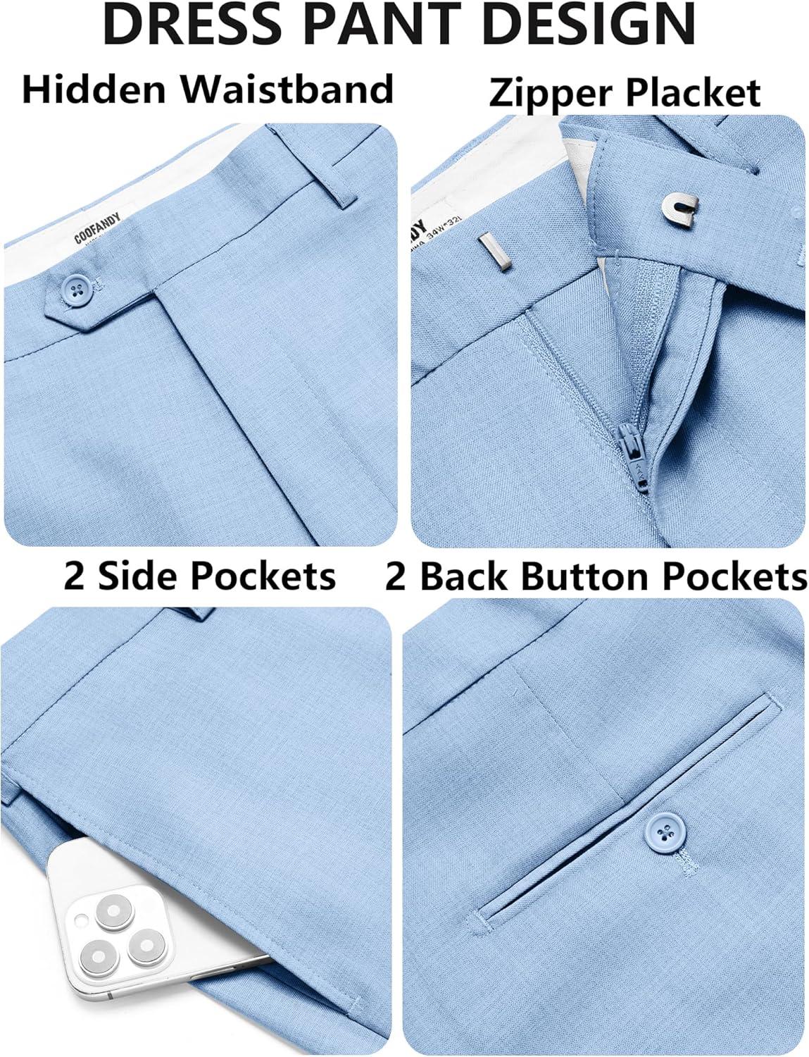 imageCOOFANDY Mens Classic Fit Dress Pants Flat Front Straight Casual Pant Expandable Waist Suit PantLight Blue