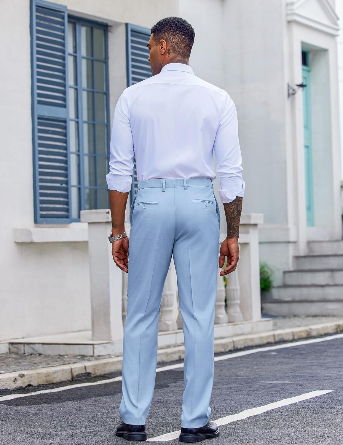 imageCOOFANDY Mens Classic Fit Dress Pants Flat Front Straight Casual Pant Expandable Waist Suit PantLight Blue