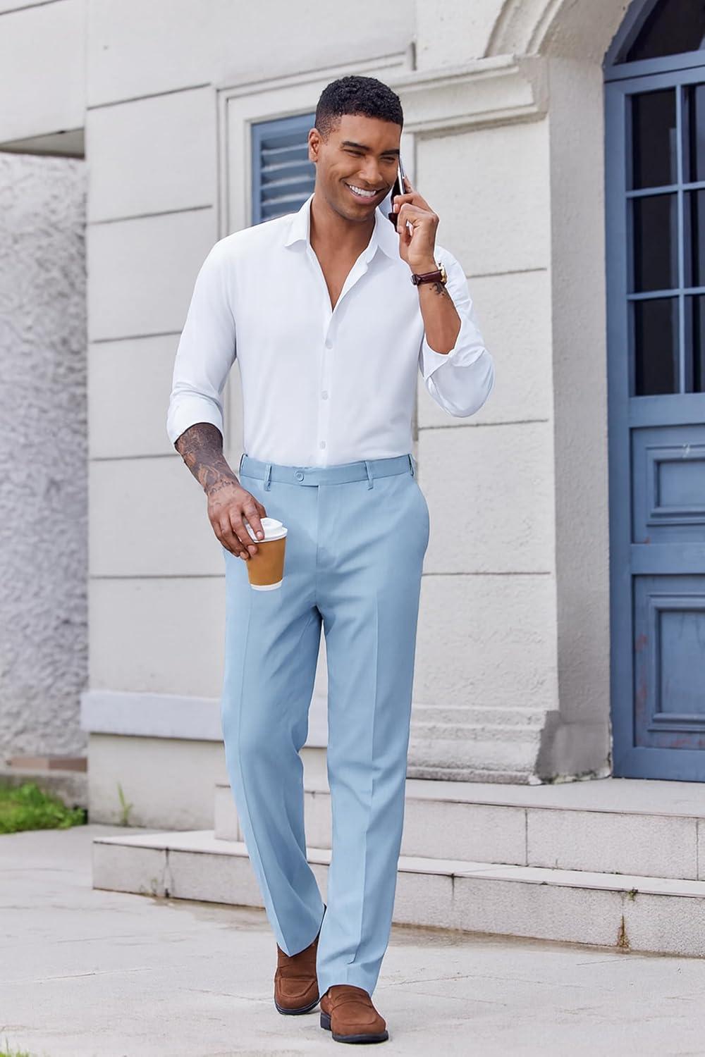 imageCOOFANDY Mens Classic Fit Dress Pants Flat Front Straight Casual Pant Expandable Waist Suit PantLight Blue