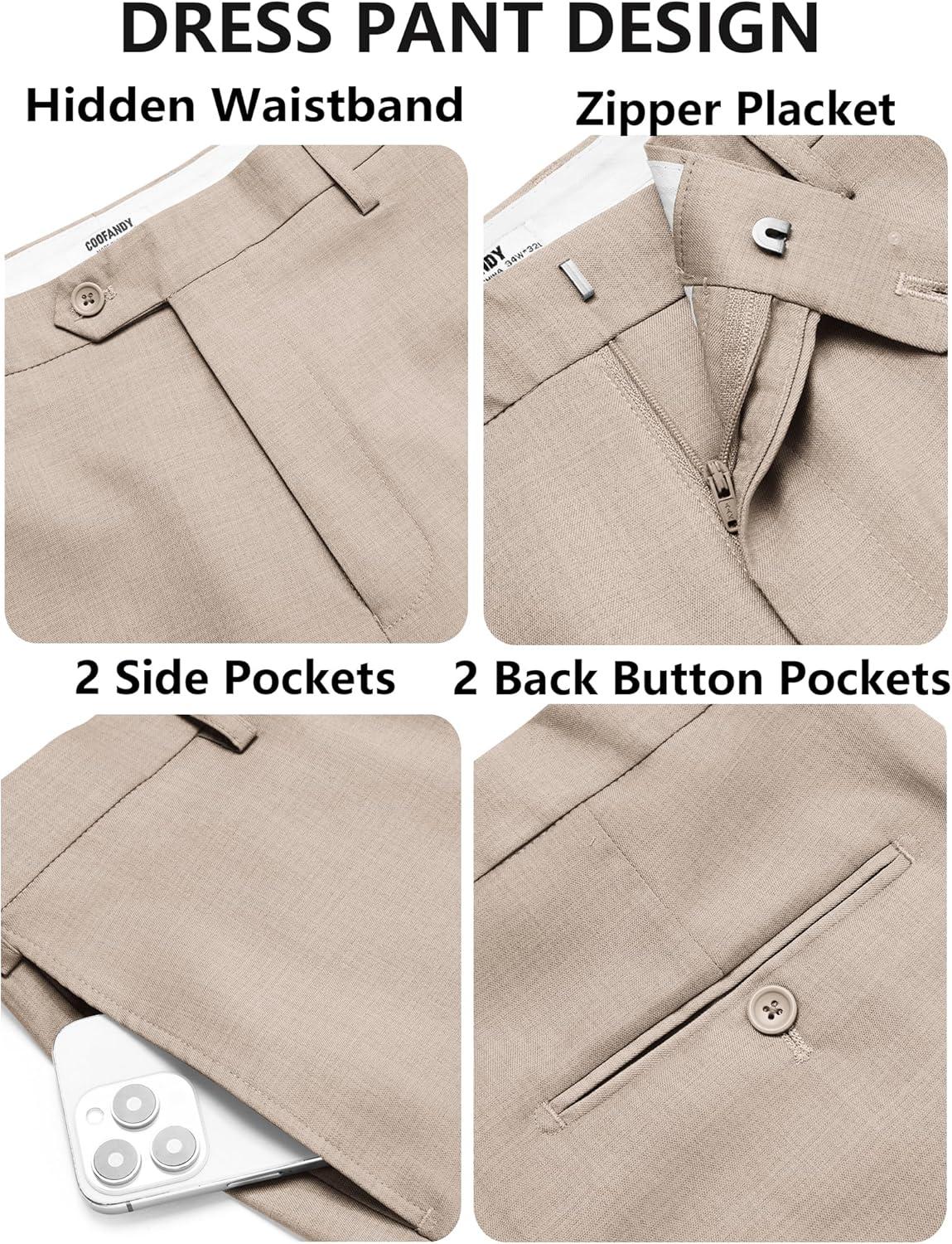 imageCOOFANDY Mens Classic Fit Dress Pants Flat Front Straight Casual Pant Expandable Waist Suit PantLight Khaki