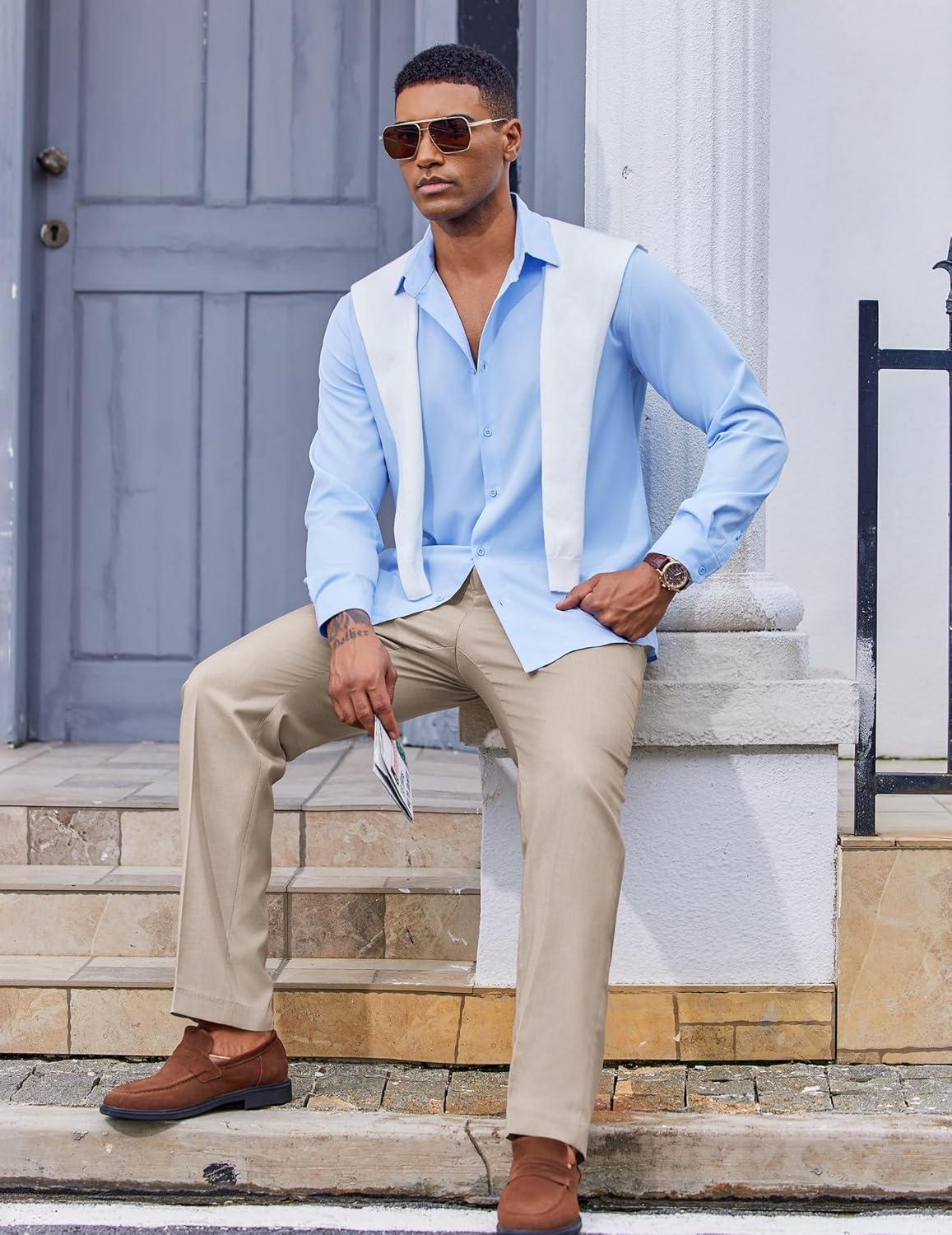imageCOOFANDY Mens Classic Fit Dress Pants Flat Front Straight Casual Pant Expandable Waist Suit PantLight Khaki