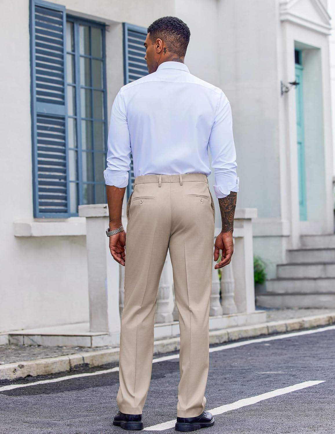 imageCOOFANDY Mens Classic Fit Dress Pants Flat Front Straight Casual Pant Expandable Waist Suit PantLight Khaki