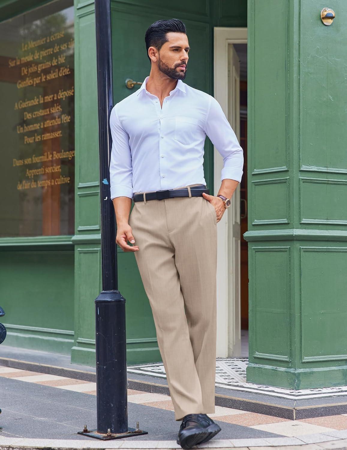 imageCOOFANDY Mens Classic Fit Dress Pants Flat Front Straight Casual Pant Expandable Waist Suit PantLight Khaki