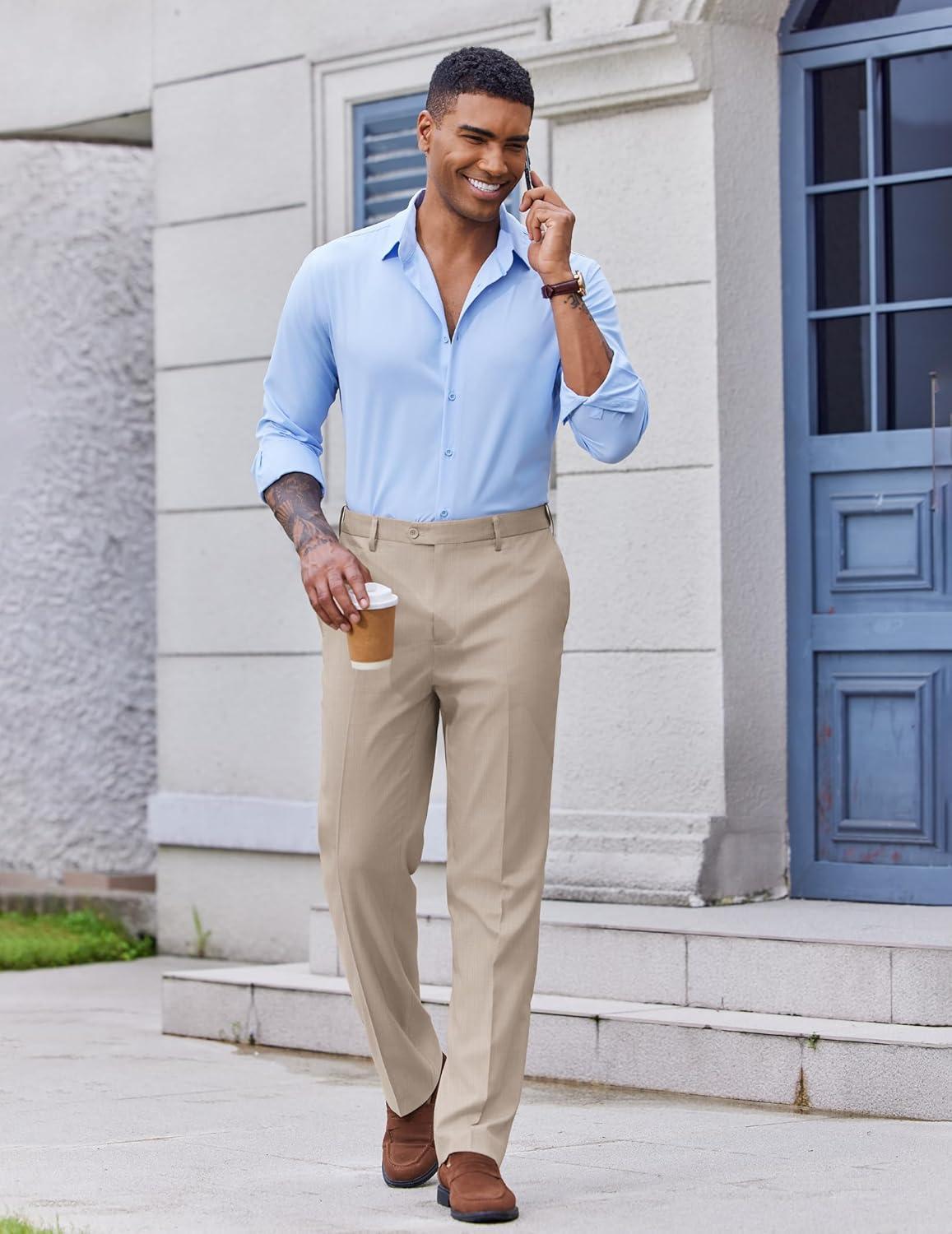imageCOOFANDY Mens Classic Fit Dress Pants Flat Front Straight Casual Pant Expandable Waist Suit PantLight Khaki