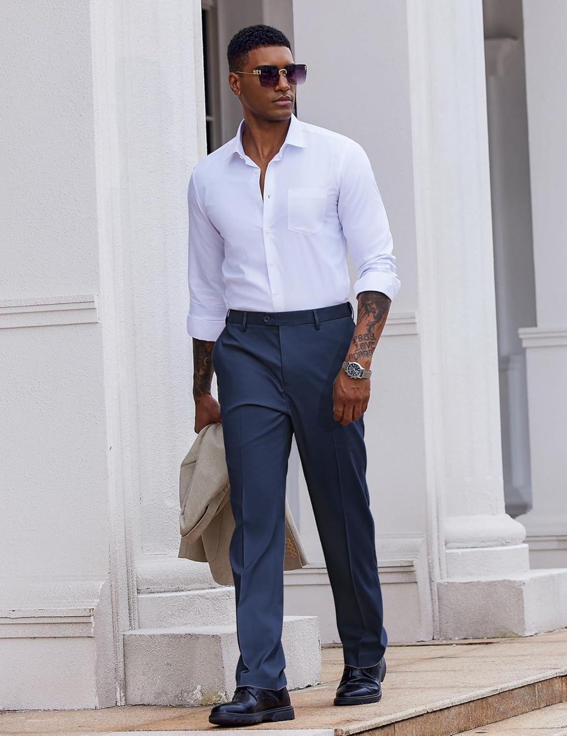 imageCOOFANDY Mens Classic Fit Dress Pants Flat Front Straight Casual Pant Expandable Waist Suit PantNavy Blue