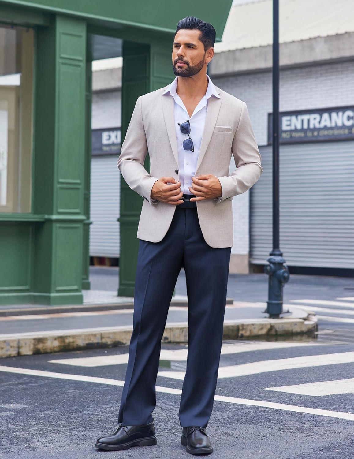 imageCOOFANDY Mens Classic Fit Dress Pants Flat Front Straight Casual Pant Expandable Waist Suit PantNavy Blue