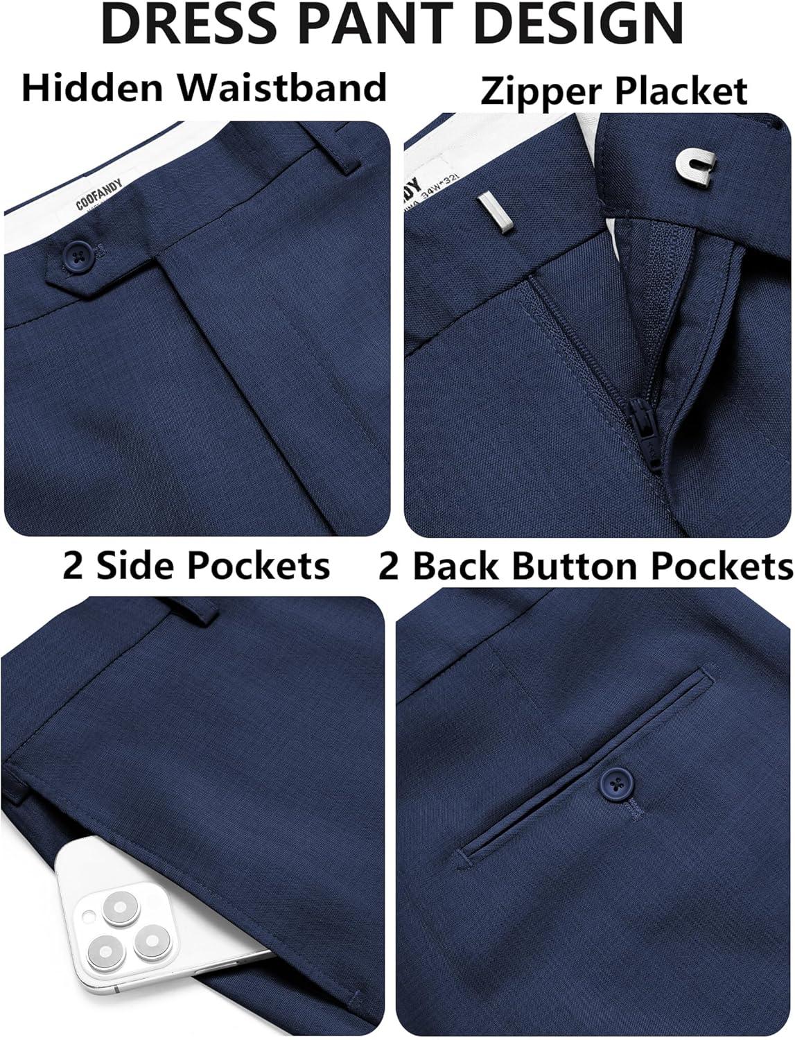 imageCOOFANDY Mens Classic Fit Dress Pants Flat Front Straight Casual Pant Expandable Waist Suit PantNavy Blue