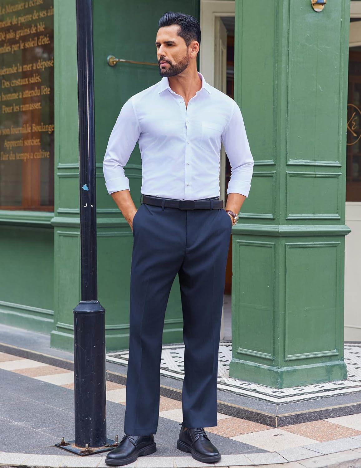imageCOOFANDY Mens Classic Fit Dress Pants Flat Front Straight Casual Pant Expandable Waist Suit PantNavy Blue