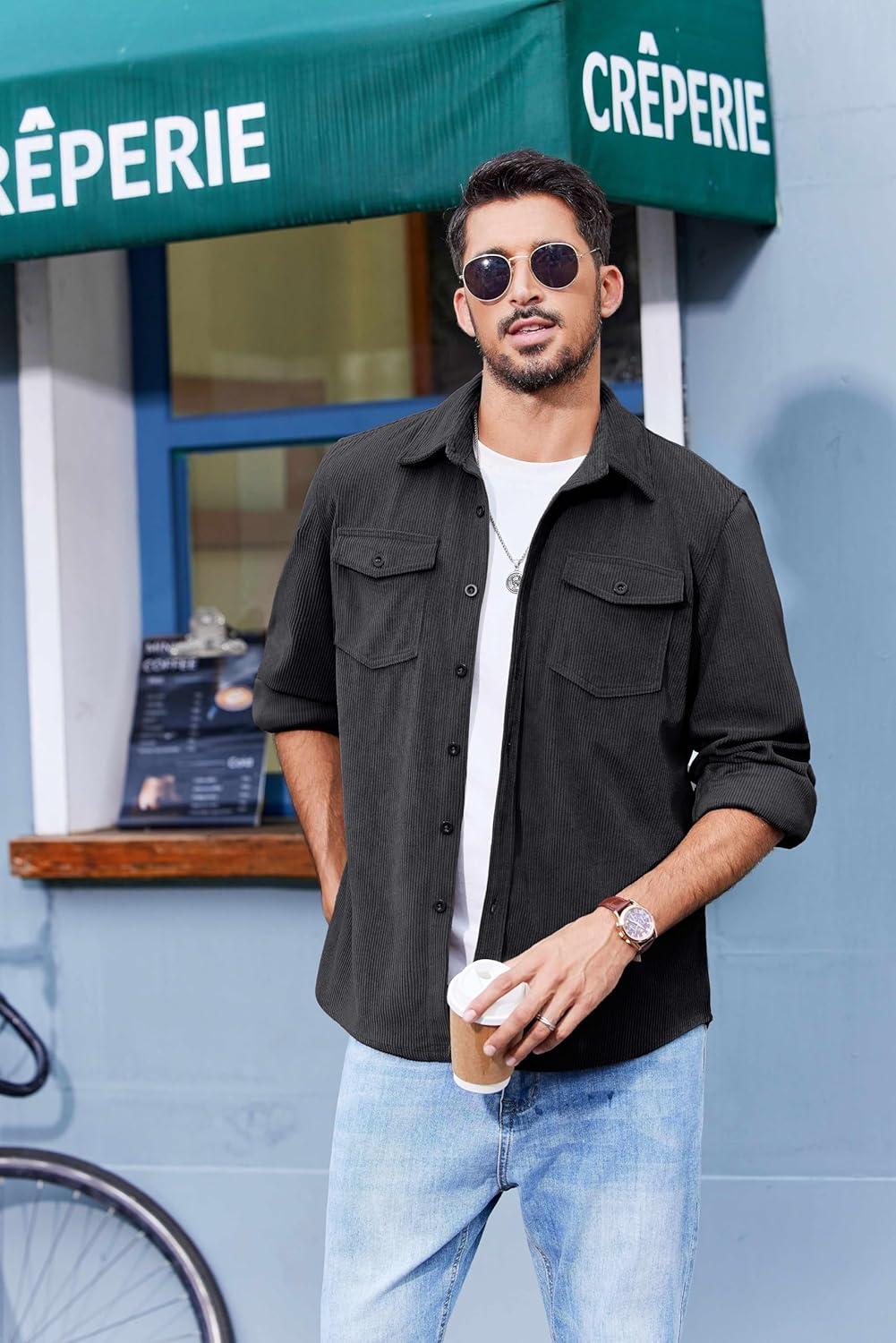 imageCOOFANDY Mens Corduroy Button Down Shirts Jackets Casual Long Sleeve Shacket Lightweight Overshirts with Flap PocketsDark Gray