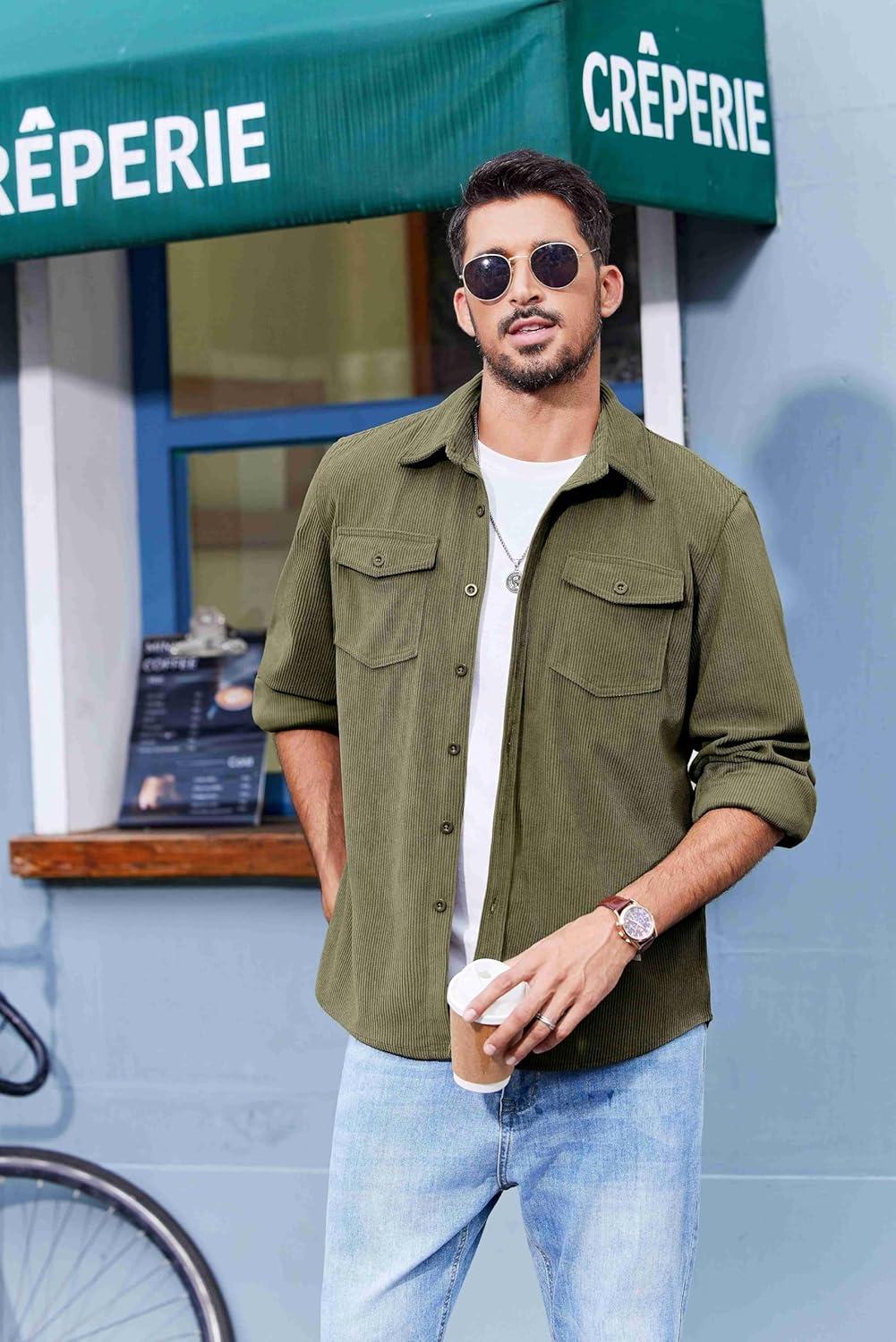imageCOOFANDY Mens Corduroy Button Down Shirts Jackets Casual Long Sleeve Shacket Lightweight Overshirts with Flap PocketsDark Green