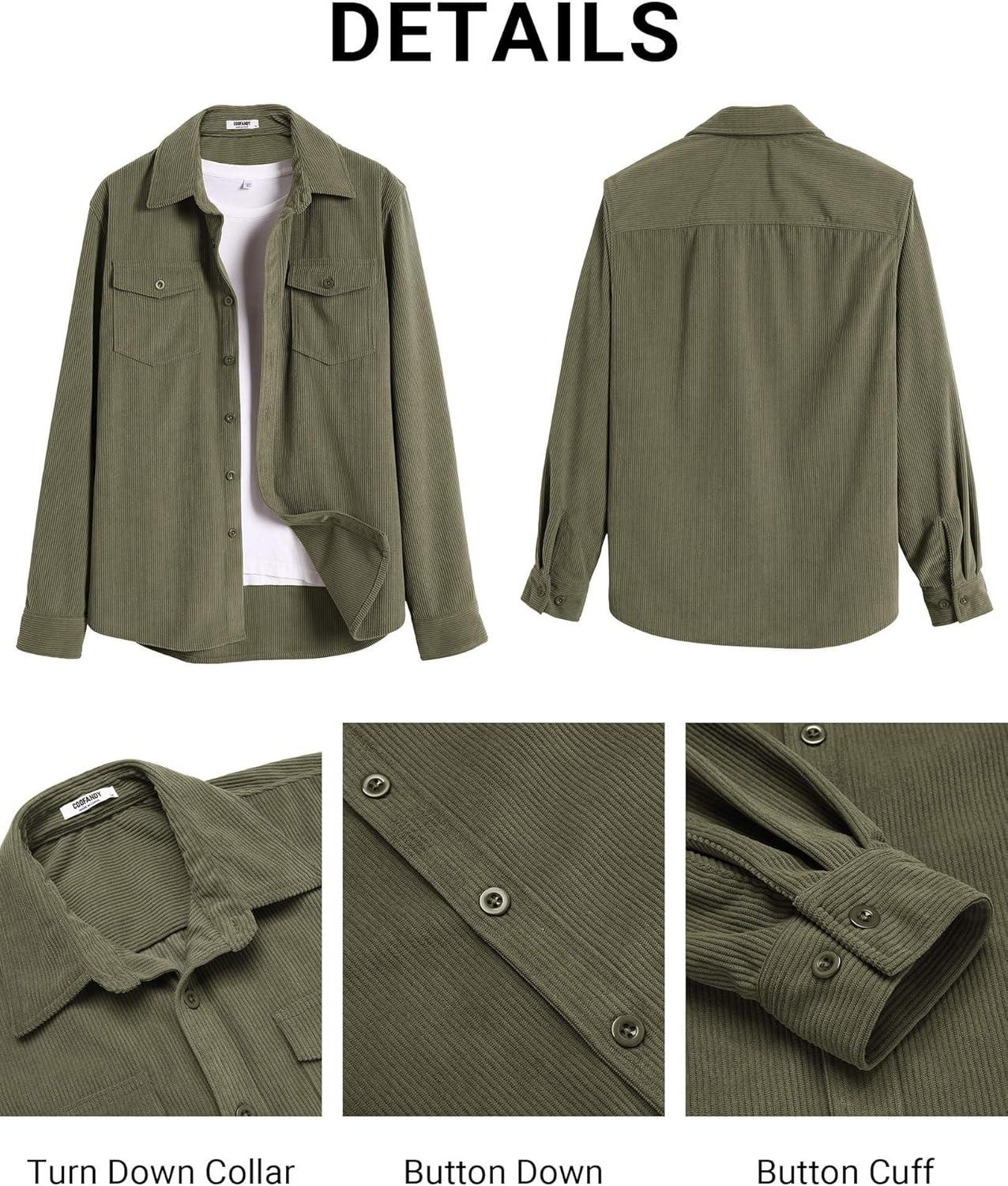 imageCOOFANDY Mens Corduroy Button Down Shirts Jackets Casual Long Sleeve Shacket Lightweight Overshirts with Flap PocketsDark Green