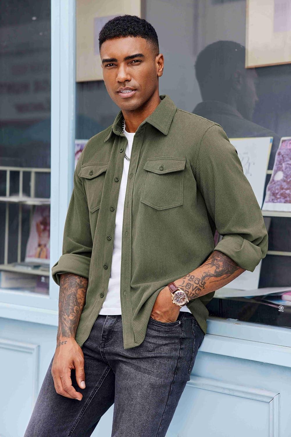 imageCOOFANDY Mens Corduroy Button Down Shirts Jackets Casual Long Sleeve Shacket Lightweight Overshirts with Flap PocketsDark Green
