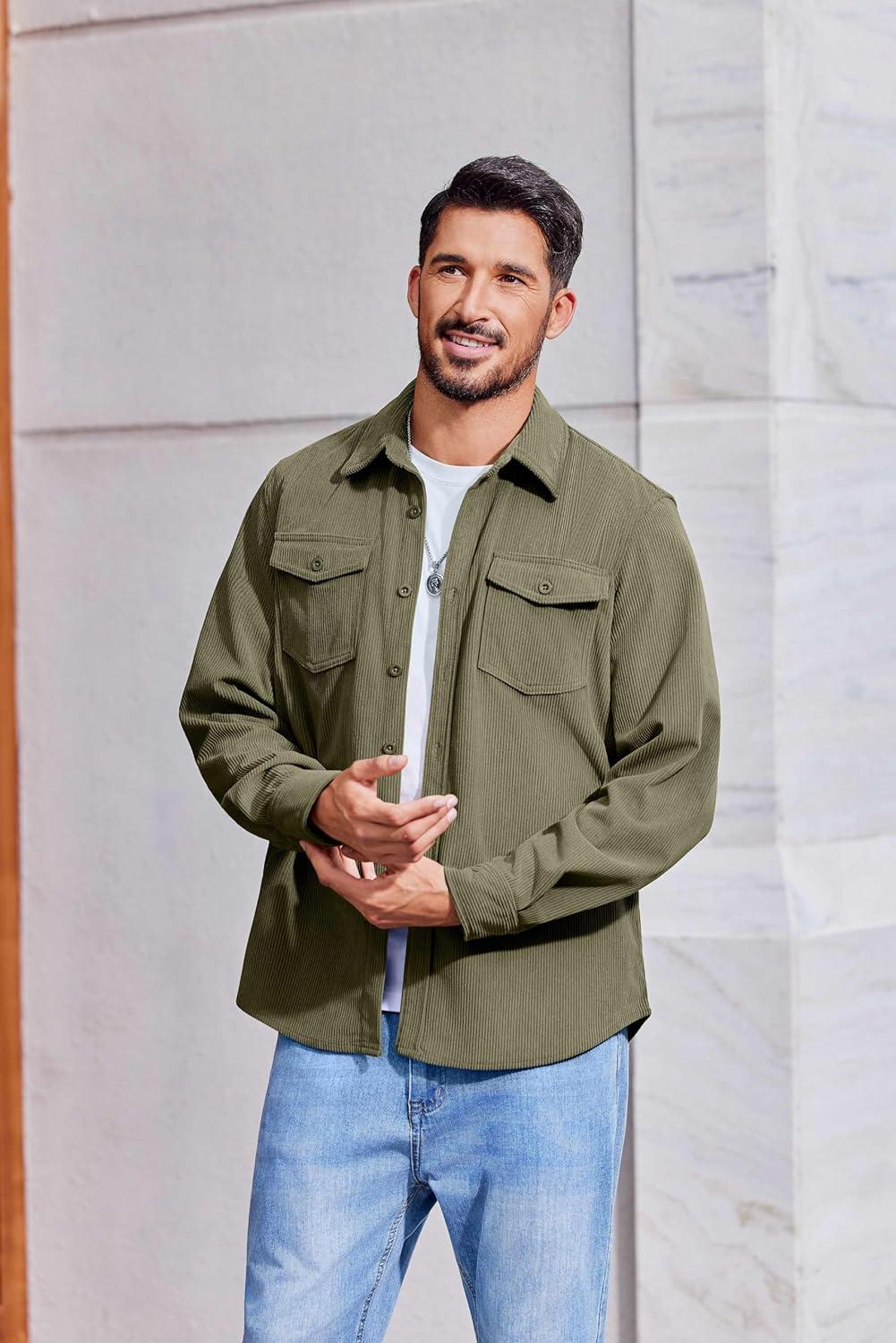 imageCOOFANDY Mens Corduroy Button Down Shirts Jackets Casual Long Sleeve Shacket Lightweight Overshirts with Flap PocketsDark Green