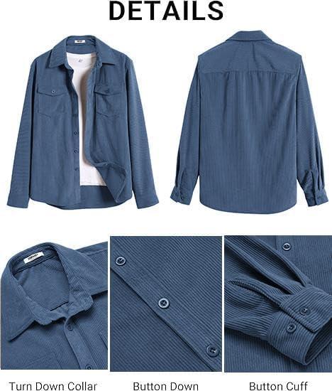 imageCOOFANDY Mens Corduroy Button Down Shirts Jackets Casual Long Sleeve Shacket Lightweight Overshirts with Flap PocketsGrey Blue
