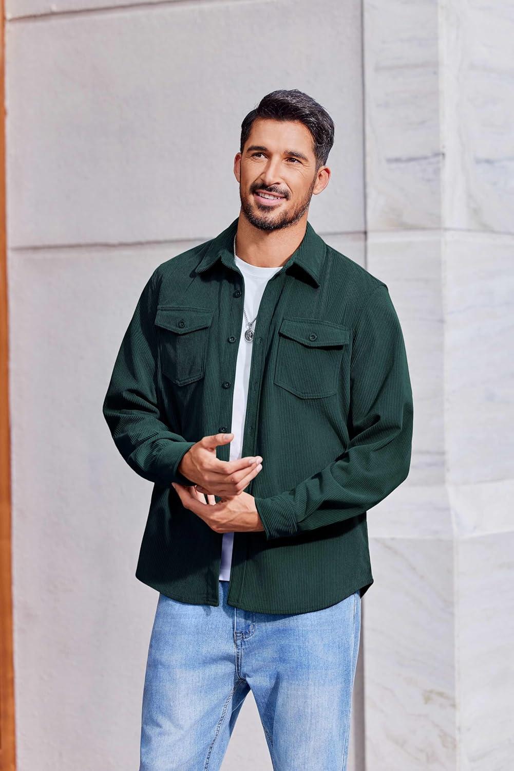 imageCOOFANDY Mens Corduroy Button Down Shirts Jackets Casual Long Sleeve Shacket Lightweight Overshirts with Flap PocketsLake Green